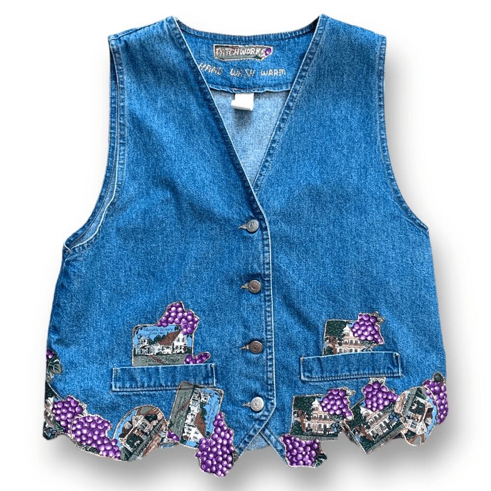 Vintage Upcycled Denim Vest Grapevine Scenic Applique Cottagecore Medium Winery